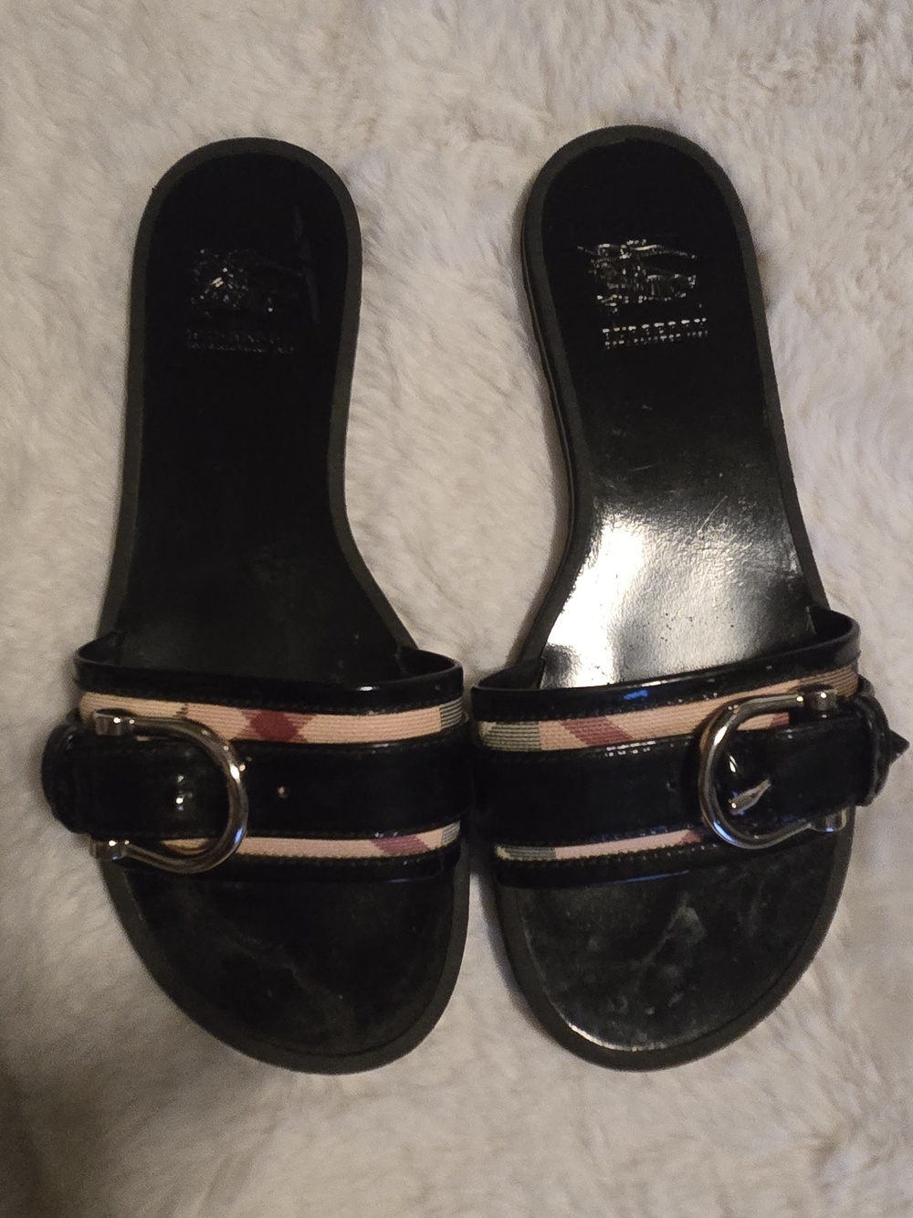 Burberry Black Patent Slide Sandals with Signature Check Trim